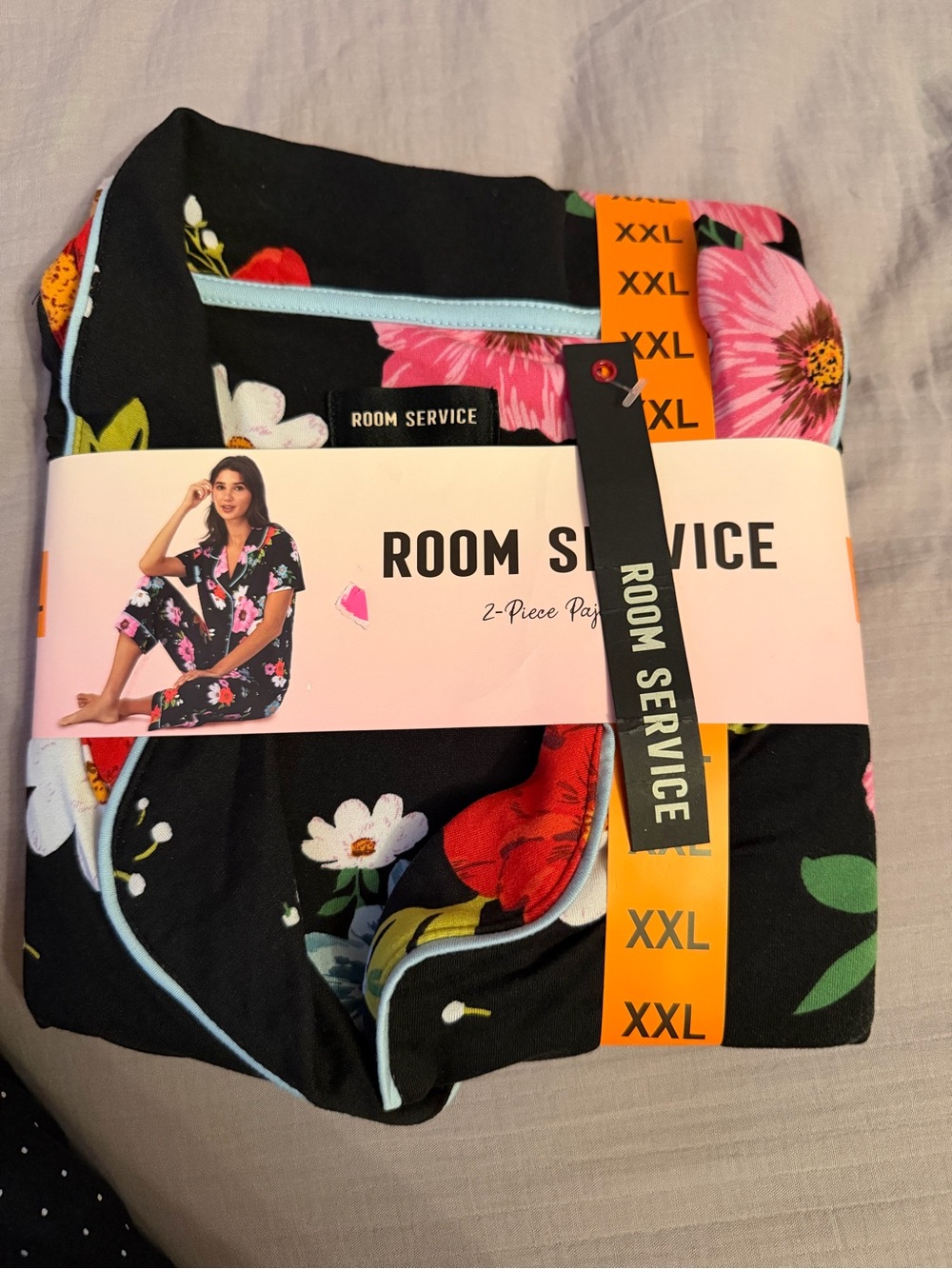 Black Room Service Floral 2-Piece Pajama Set - Black with Pink & Red Flowers